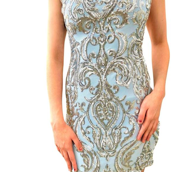 Y2K Cocktail Party Dress Baby Blue Silver Sequin Embellishments Women's Medium - Picture 3 of 11